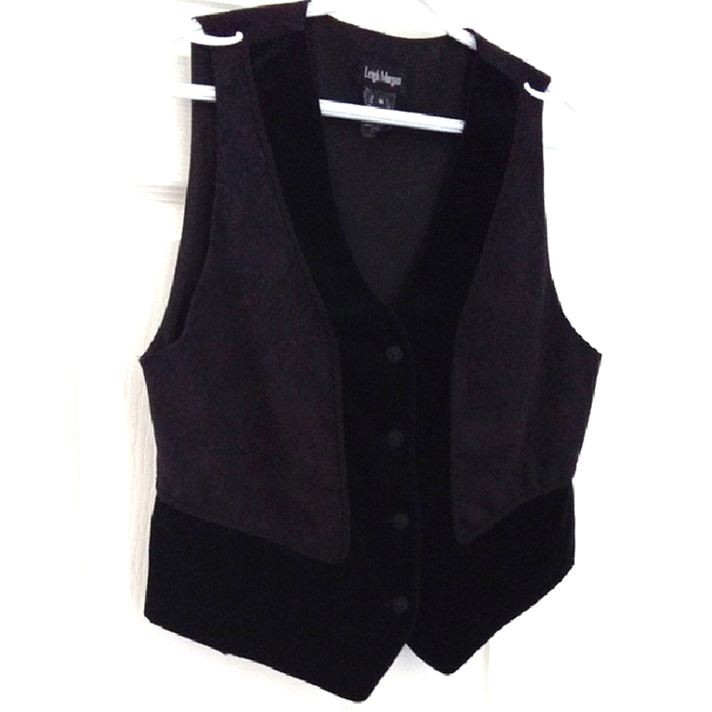 Leigh Morgan Women's Black Floral Jacquard Vest Velvet Trim Sz Medium